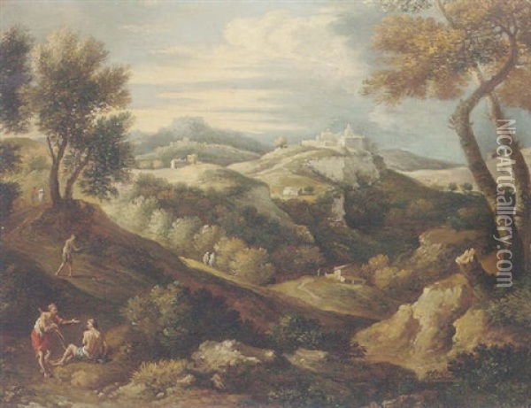 An Arcadian Wooded Landscape With Figures Resting By A Track, A Citadel In The Distance Oil Painting - Giovanni Battista Busiri