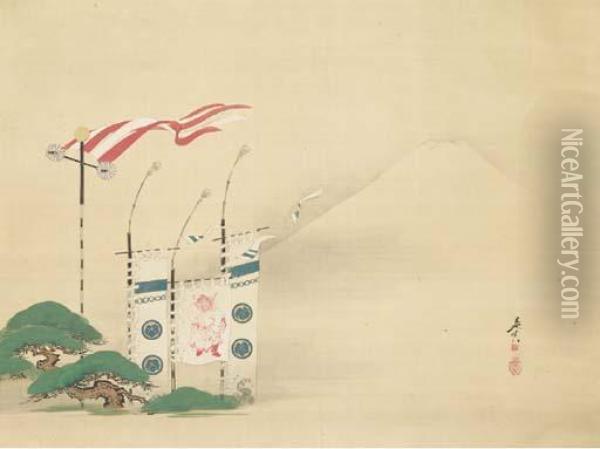 Festival Flags With Mount Fuji In The Background Oil Painting - Shibata Zeshin