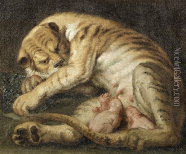 A Tigress With Her Cubs Oil Painting - Jean Baptiste Huet