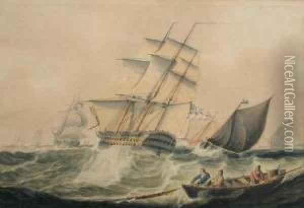 A Second Rate Frigate Of The 
White In A Storm With Arowing Boat In The Foreground Watercolour 25 X 37
 Cm Oil Painting - Samuel Atkins