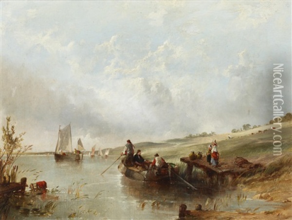 Dutch Landscape With Boats Oil Painting - Alfred Montague
