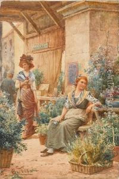 A Flower Market Oil Painting - Alfred I Glendening