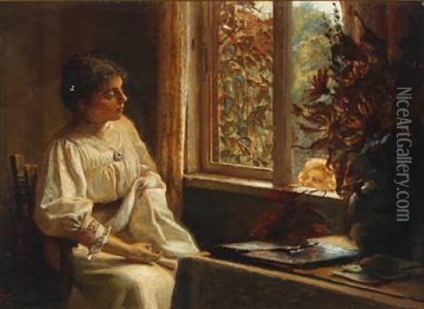 Interior With A Woman And A Child Looking Through The Window Oil Painting - Christian Valdemar Clausen