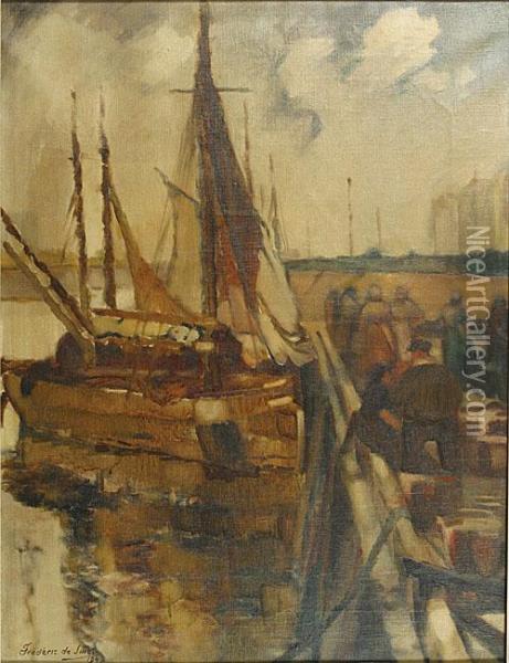 Zeilboot Aan De Kade. Oil Painting - Frederic De Smet