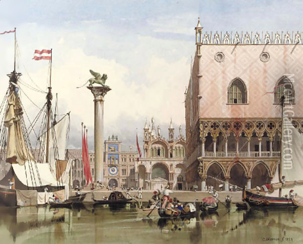 Sailingvessels moored by the Doge's Palace, Venice Oil Painting - Carl Friedrich H. Werner