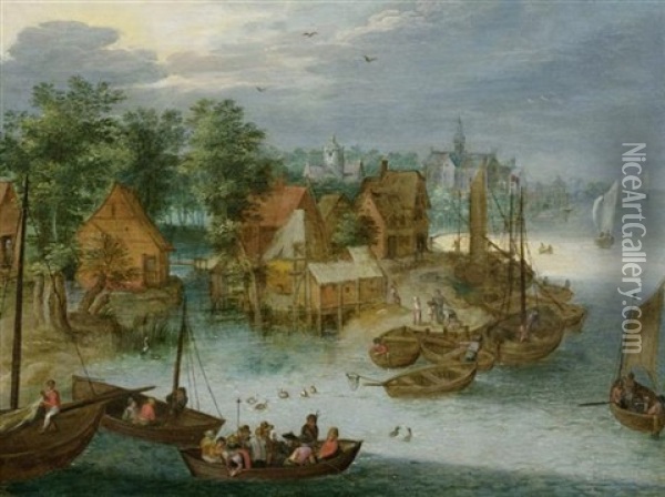 Fischerdorf Am Wasser Oil Painting - Jan Brueghel the Elder