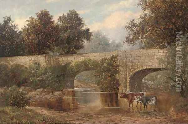 Cattle watering beneath a bridge Oil Painting - William Henry Mander