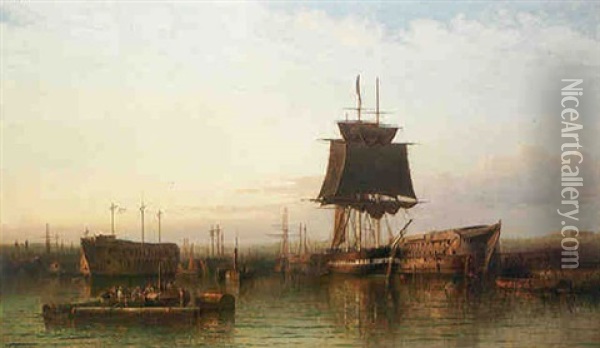 Hulks In Portsmouth Harbour Oil Painting - George Gregory