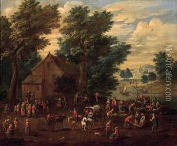 Village Fairs With Peasants And 
Numerous Onlookers, Fishermenunloading Their Catch On Landing Stages 
Nearby Oil Painting - Mattijs Schoevaerdts