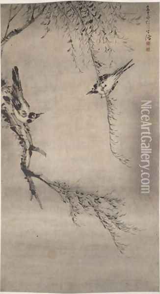 Two Magpies Playing in a Willow Tree, Qing Dynasty Oil Painting - Gao Qipei