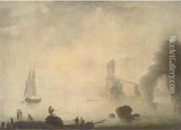 A Coastal Landscape In Early 
Morning With Fishermen On A Rockyforeground, A Tower By A Natural Arch 
Seen Through Mistbeyond Oil Painting - Claude-joseph Vernet