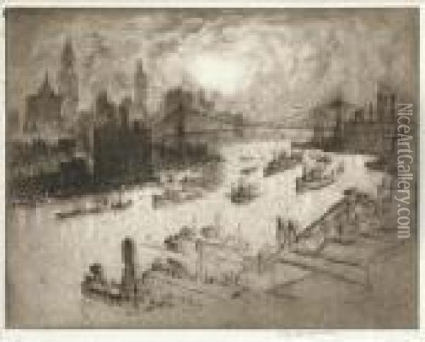 Sunset From The Williamsburg Bridge; The Foundations At Thecathedral (w. 674; 820) Oil Painting - Joseph Pennell