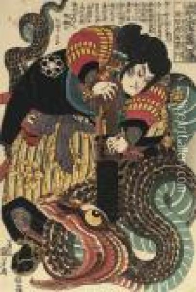 Ogata Shuma Hiroyuki (jiraya) Killing A Giant Snake, From The Series Oil Painting - Utagawa Kuniyoshi