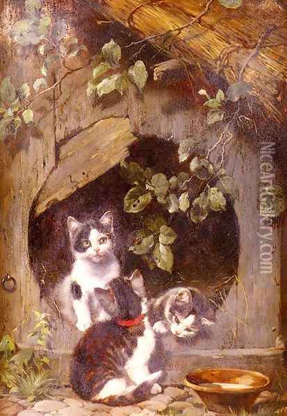 Playful Kittens Oil Painting - Julius Adam
