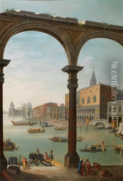 The Bacino Di San Marco; And Piazza Navona, Rome - A Pair (2) (collab W/workshop) Oil Painting - Antonio Joli