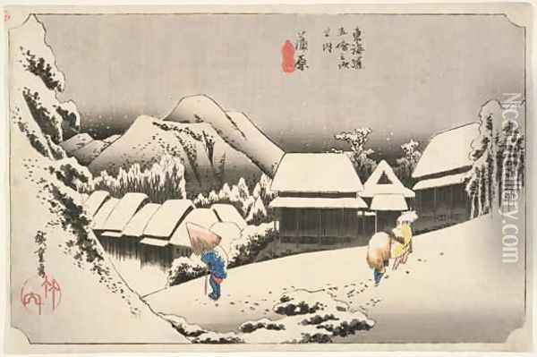 Evening Snow at Kambara No 16 from The 53 Stations of the Tokaido Oil Painting - Utagawa or Ando Hiroshige