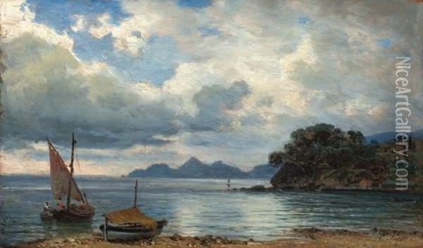 Felsige Meeresbucht Mit Booten Oil Painting - Eduard Friedrich Pape