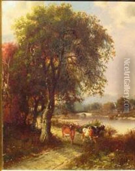 Cattle Watering In A Stream Oil Painting - Patrick Vincent Berry