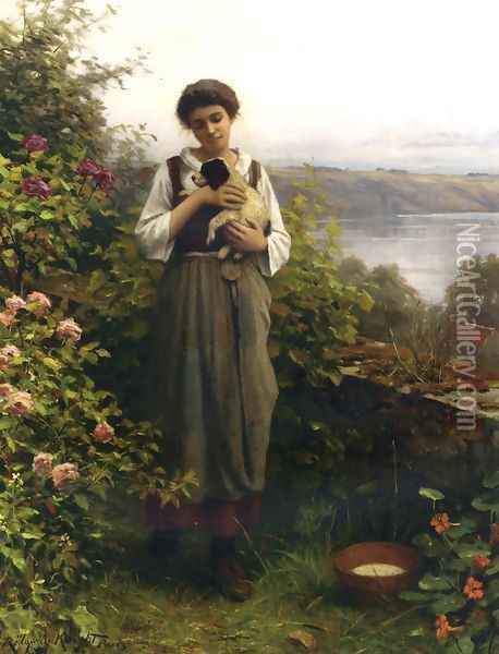 Young Girl Holding A Puppy Oil Painting - Daniel Ridgway Knight