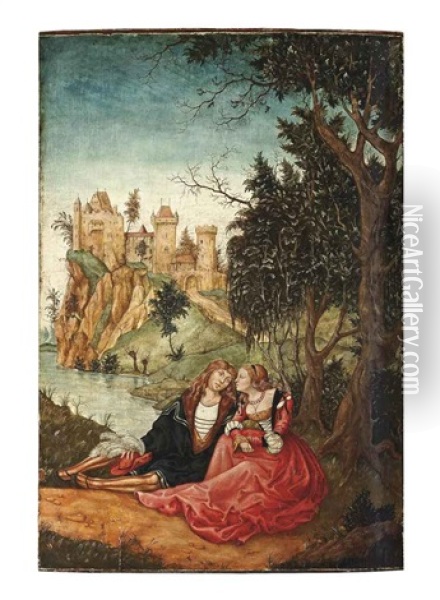 A Wooded River Landscape With An Amorous Couple At Rest Under A Tree, A Fortified Castle Beyond Oil Painting - Lucas Cranach the Younger