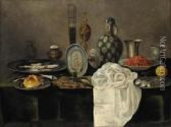 Oysters And A Roll Of Bread On Pewter Plates Oil Painting - Willem Claesz. Heda