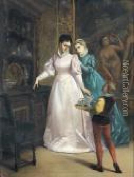 Prachtiges Interieur Mit Zwei Damen Und Einem Pagen. Oil Painting - Florent Willems