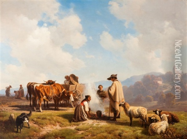 Resting Farmers With Their Cattle Oil Painting - Robert Eberle