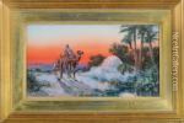 Two Arabs And A Camel On A Desert Path At Sunset Oil Painting - Paul Pascal