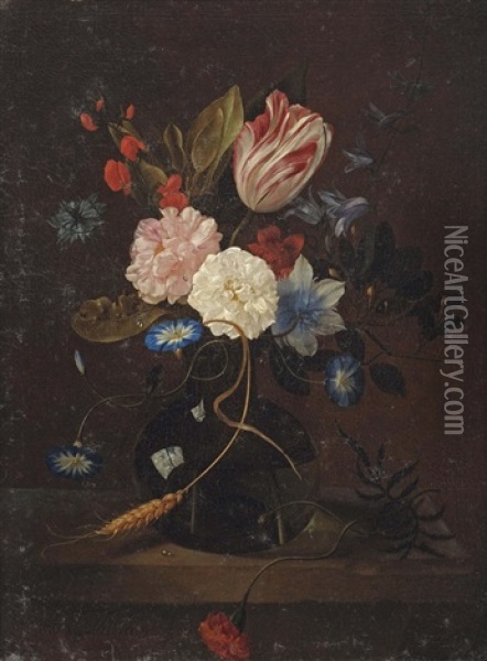 A Tulip, A Cornflower, Roses, A Carnation And Other Flowers In A Glass Vase On A Ledge Oil Painting - Gaspard Thielens