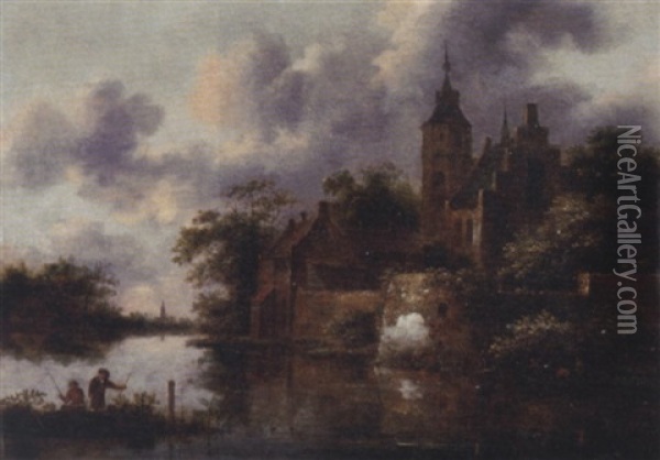 A River Landscape With A Rowing Boat By A Fortified Town, Anglers In The Foreground Oil Painting - Nicolaes Molenaer