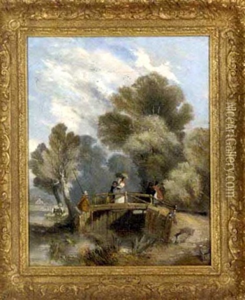 Figures On A Bridge In A Wooded Landscape Oil Painting - Camille Joseph Etienne Roqueplan