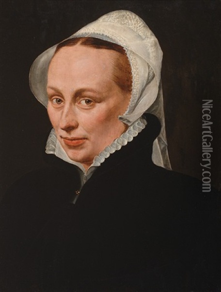 Portrait Of A Lady In A Black Dress With A White Collar And Lace Cap Oil Painting - Willem Key