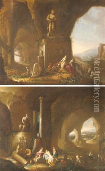 Riposo Di Diana Con Le Ninfee Dopo La Caccia (+ Another; Pair) Oil Painting - Cornelis Van Poelenburgh