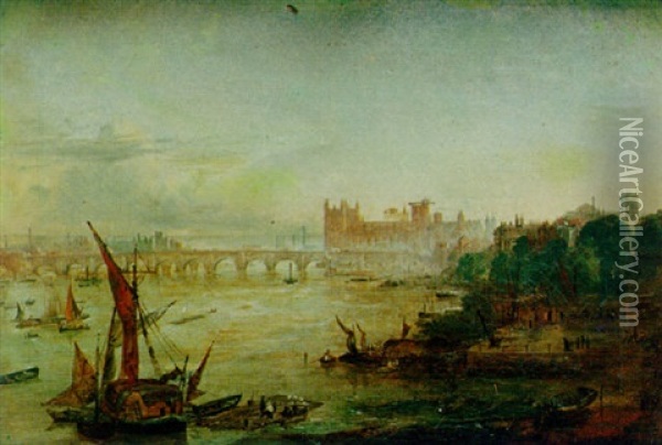 A View Of The Thames With The Houses Of Parliament Under Construction Oil Painting - Andrew MacCallum