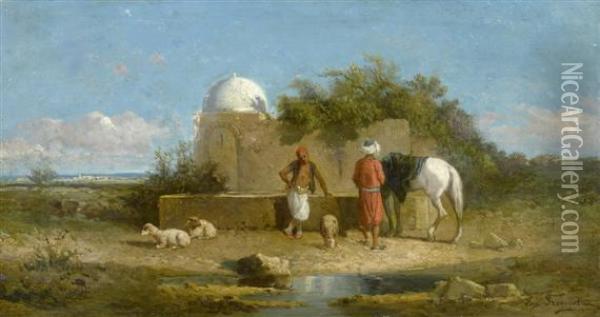 Pair Of Works: Oriental Riders And Herdsmen At An Oasis Oil Painting - Eugene Fromentin