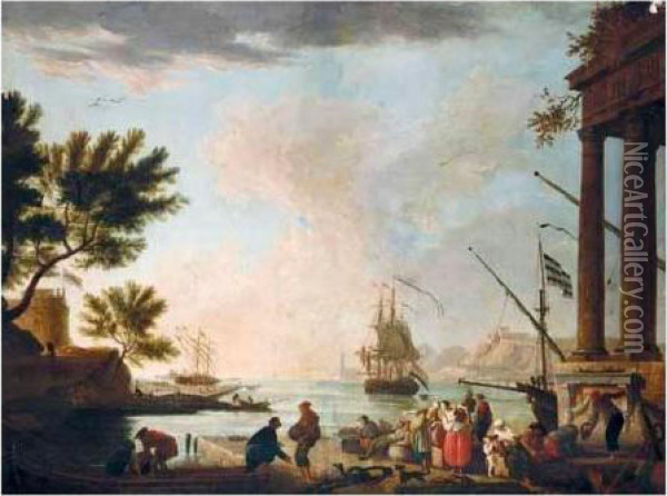 A Southern Harbour Scene With Figures Loading A Boat In The Foreground Oil Painting - Claude-joseph Vernet