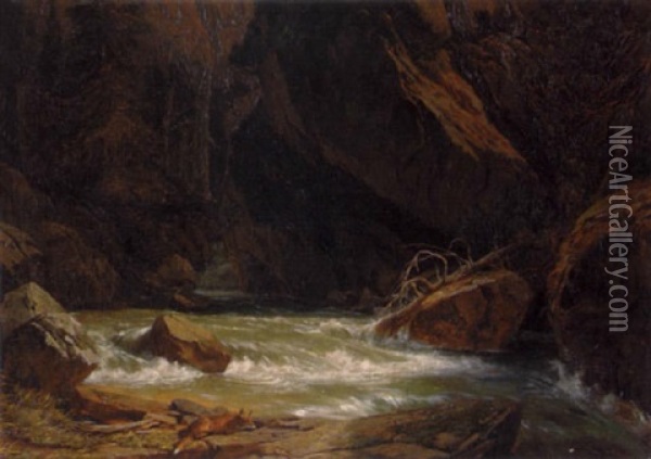 Waldlandschaft Mit Fuchs An Einem Fluss Oil Painting - Johann Rudolf Koller
