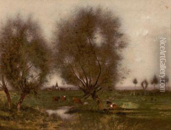 Pastoral Landscape With Cows Resting Oil Painting - Alfred Cornelius Howland