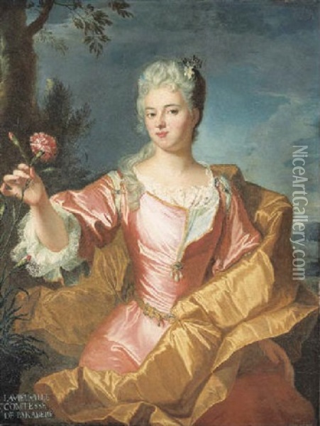 Portrait Of Madame Lavieuville, Comtesse De Parabere, In A Pink Silk Dress With A Gold Wrap Holding A Pink Oil Painting - Hyacinthe Rigaud