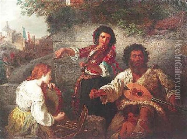 Musikanten In Der Stadt Oil Painting - Friedrich Adolf Hornemann