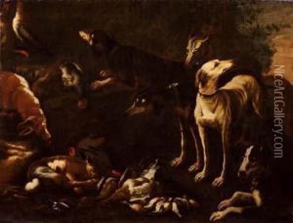 Natura Morta Di Penna E Selvaggina Concinque Levrieri Oil Painting - Baldassare De Caro