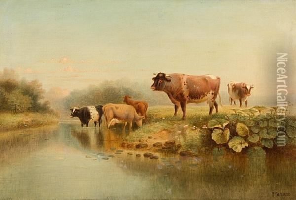 Cattle Watering Oil Painting - Georg Gerhard
