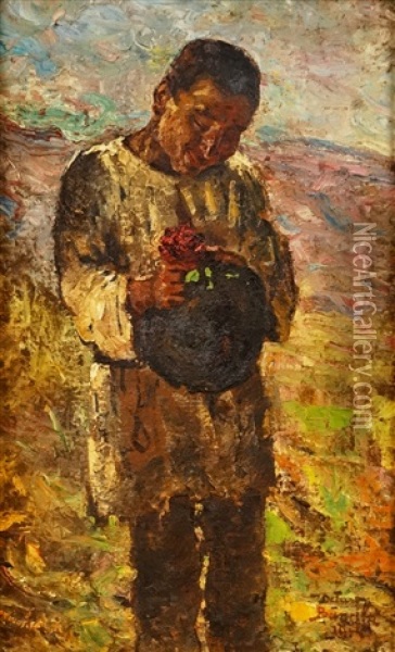 Boy With Flower Oil Painting - Octav Bancila