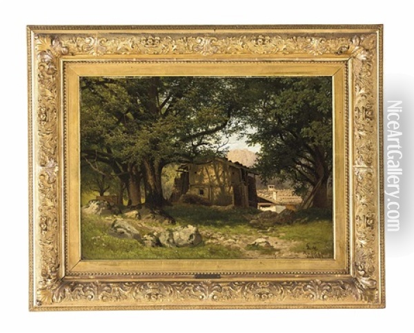Bauernhauser Im Wald In Der Bayrischen Ramsau Oil Painting - Julius Monien