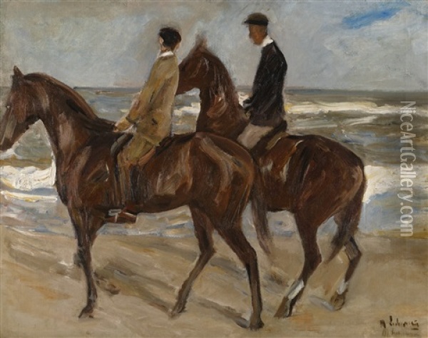 Zwei Reiter Am Strand Nach Links - Studie (two Riders On The Beach Turned To The Left - Study) Oil Painting - Max Liebermann