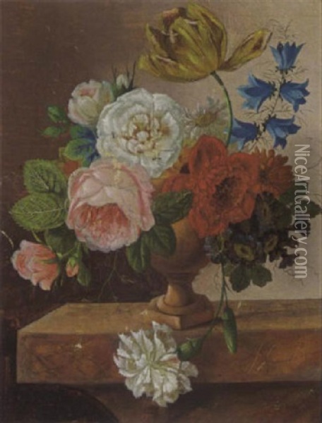 A Still Life Of Roses, Tulips, A Carnation, A Daisy And Other Flowers, All In A Vase On A Marble Ledge Oil Painting - Johannes Cornelis de Bruyn