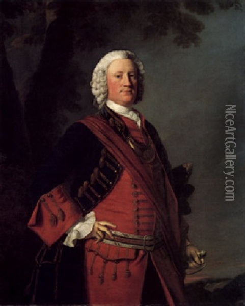 Portrait Of General Francis Leighton Wearing Uniform And A Gorgette, His Tricorn Hat Under His Arm, His Left Hand Clasping The Hilt Of His Sword Oil Painting - Allan Ramsay