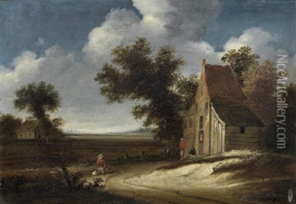 Figures Resting Before A Town, A Lake Beyond; Figures By A Cottage In An Extensive Landscape (2) Oil Painting - Roelof van Vries