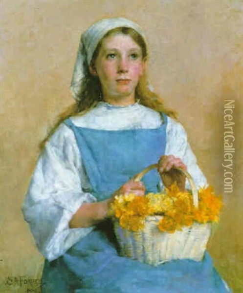 Young Breton Girl With A Basket Of Daffodils Oil Painting - Stanhope Forbes