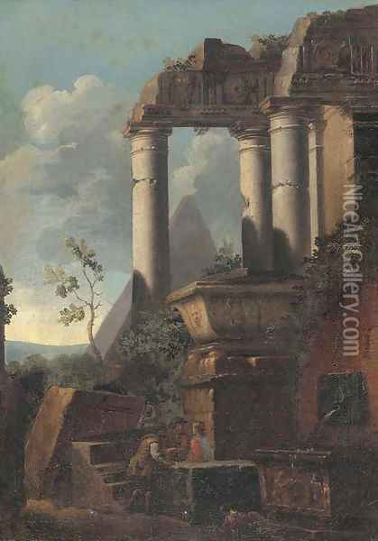 Classical ruins and a pyramid with figures conversing Oil Painting - Giovanni Ghisolfi
